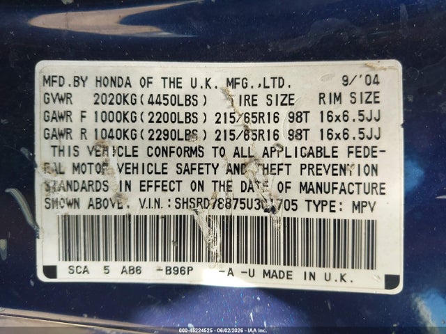 Продажа на аукционе авто 2005 Honda Cr-v Ex, vin: SHSRD78875U301705, номер лота: 45224525