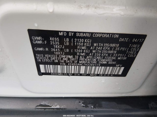Aukcja sprzedaży 2017 Subaru Outback 2.5i Limited, vin: 4S4BSANC7H3384179, numer aukcji: 45224528