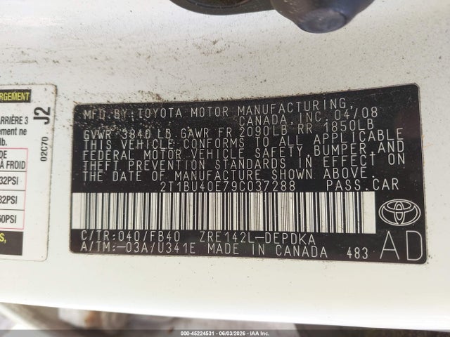 Aukcja sprzedaży 2009 Toyota Corolla Le, vin: 2T1BU40E79C037288, numer aukcji: 45224531