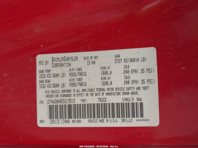 2005 Dodge Dakota Laramie მანქანა იყიდება აუქციონზე, vin: 1D7HW58N85S219515, აუქციონის ნომერი: 45224539