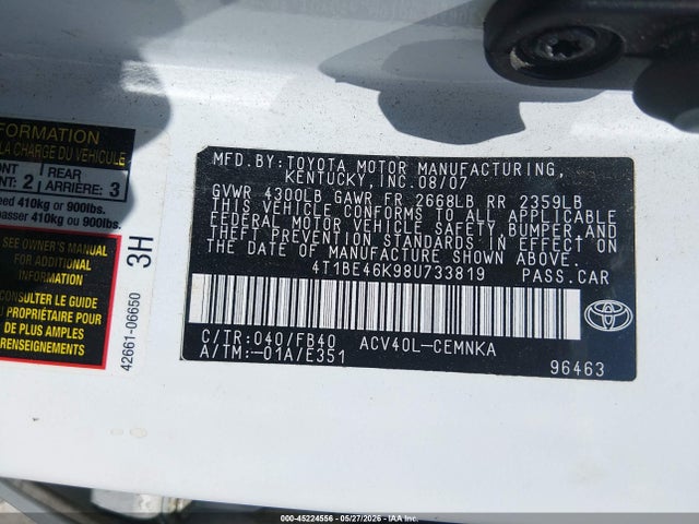 45224556 :رقم المزاد ، 4T1BE46K98U733819 vin ، 2008 Toyota Camry مزاد بيع