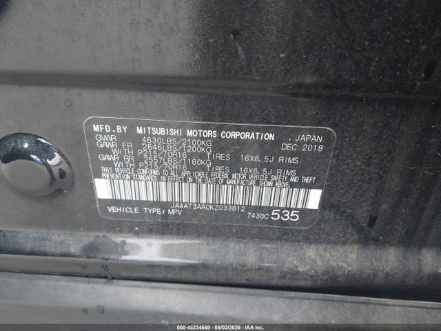 45224568 :رقم المزاد ، JA4AT3AA0KZ033612 vin ، 2019 Mitsubishi Eclipse Cross Es مزاد بيع