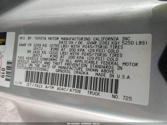 Aukcja sprzedaży 2007 Toyota Tacoma Prerunner V6, vin: 5TETU62N57Z335861, numer aukcji: 45224594