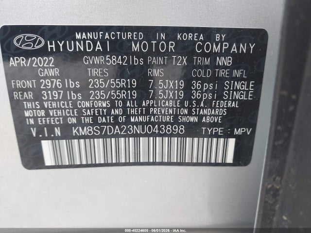 45224605 :رقم المزاد ، KM8S7DA23NU043898 vin ، 2022 Hyundai Santa Fe Plug-in Hybrid Limited مزاد بيع