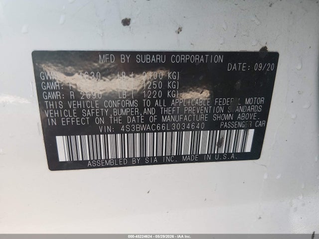 Aukcja sprzedaży 2020 Subaru Legacy Premium, vin: 4S3BWAC66L3034640, numer aukcji: 45224624