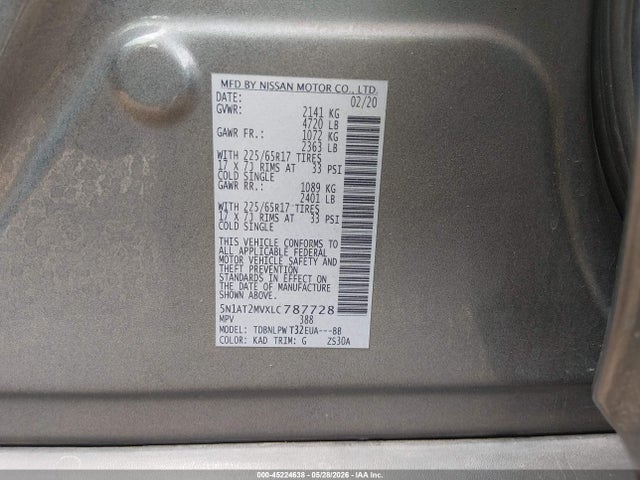 Продажа на аукционе авто 2020 Nissan Rogue S Intelligent Awd, vin: 5N1AT2MVXLC787728, номер лота: 45224638