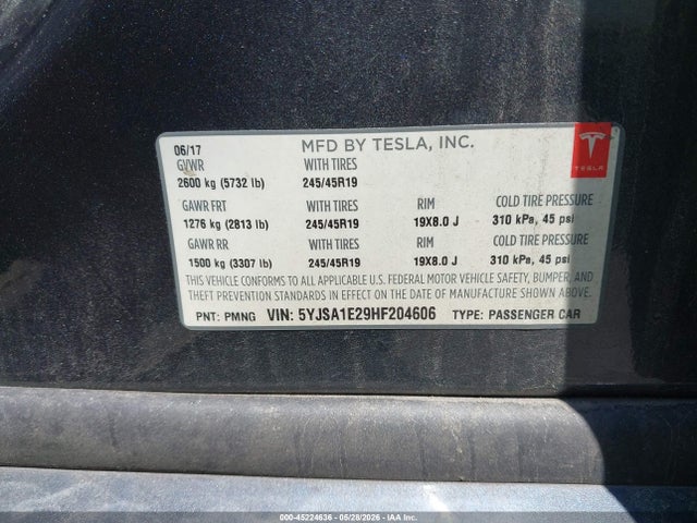 45224636 :رقم المزاد ، 5YJSA1E29HF204606 vin ، 2017 Tesla Model S مزاد بيع