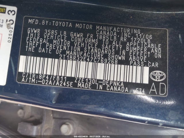 Продаж на аукціоні авто 2007 Toyota Corolla Le, vin: 2T1BR32E47C769268, номер лоту: 45224639