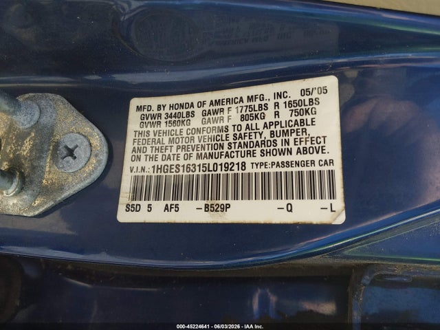 2005 Honda Civic Vp მანქანა იყიდება აუქციონზე, vin: 1HGES16315L019218, აუქციონის ნომერი: 45224641