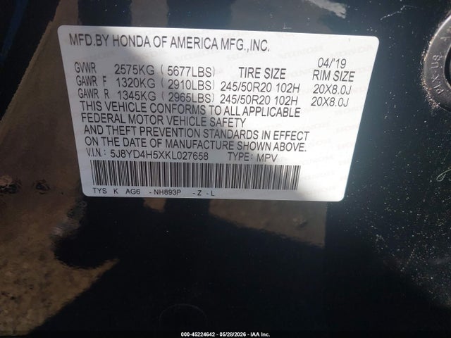 45224642 :رقم المزاد ، 5J8YD4H5XKL027658 vin ، 2019 Acura Mdx Tech Pkg مزاد بيع