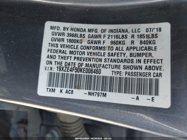 Aukcja sprzedaży 2019 Honda Insight Ex, vin: 19XZE4F50KE006460, numer aukcji: 45224655