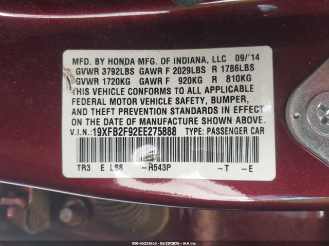 2014 Honda Civic Ex-l მანქანა იყიდება აუქციონზე, vin: 19XFB2F92EE275888, აუქციონის ნომერი: 45224658