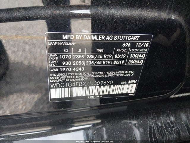 WDCTG4EBXKU009630 Mercedes-Benz GLA 250