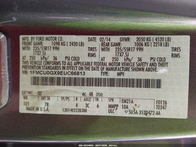 Продаж на аукціоні авто 2014 Ford Escape Se, vin: 1FMCU0GX9EUC66813, номер лоту: 45224663