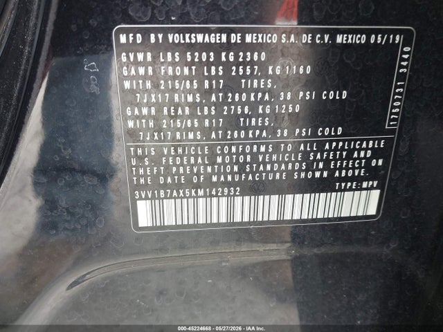 Aukcja sprzedaży 2019 Volkswagen Tiguan 2.0t S, vin: 3VV1B7AX5KM142932, numer aukcji: 45224668