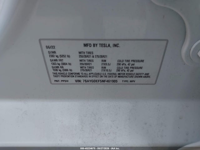 45224675 :رقم المزاد ، 7SAYGDEF5NF461905 vin ، 2022 Tesla Model Y Performance Dual Motor All-wheel Drive مزاد بيع