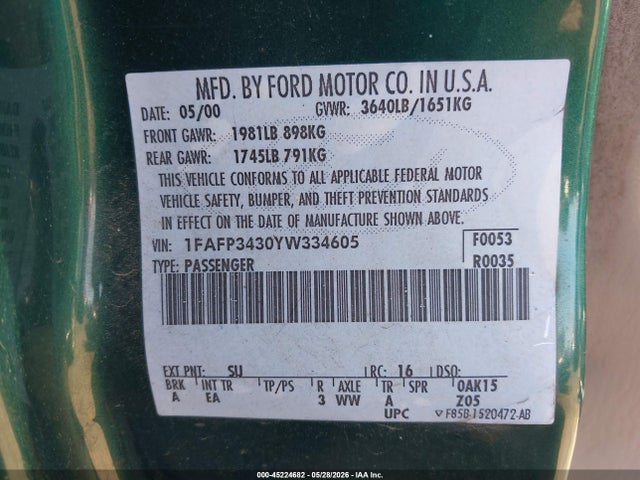 Aukcja sprzedaży 2000 Ford Focus Se, vin: 1FAFP3430YW334605, numer aukcji: 45224682