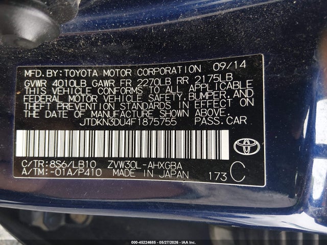 45224685 :رقم المزاد ، JTDKN3DU4F1875755 vin ، 2015 Toyota Prius Four مزاد بيع