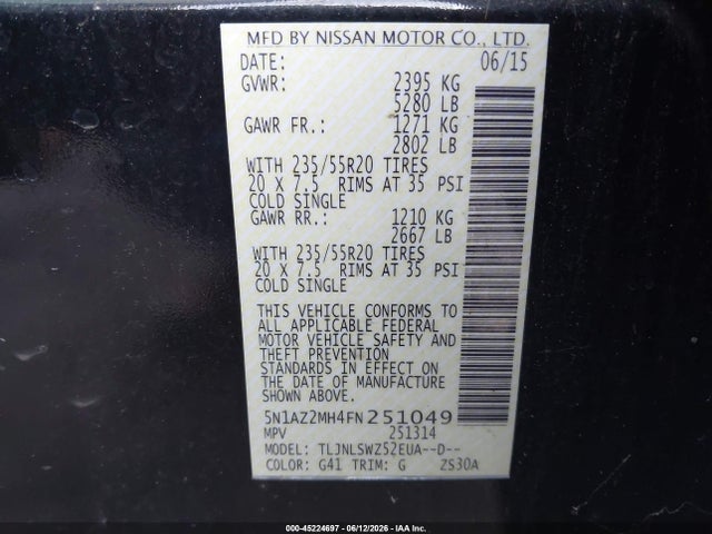 Aukcja sprzedaży 2015 Nissan Murano Platinum, vin: 5N1AZ2MH4FN251049, numer aukcji: 45224697