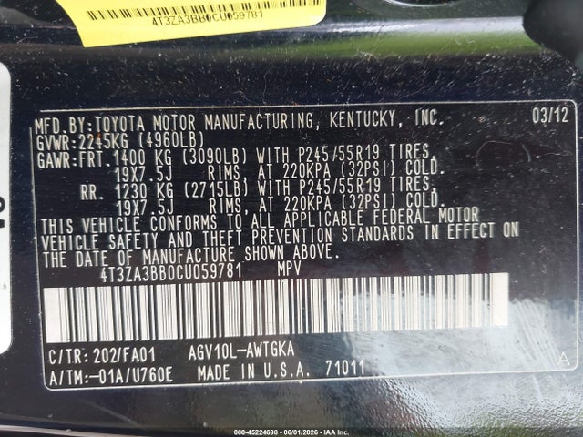 45224698 :رقم المزاد ، 4T3ZA3BB0CU059781 vin ، 2012 Toyota Venza Le مزاد بيع