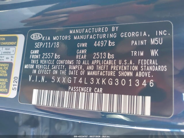 Aukcja sprzedaży 2019 Kia Optima Lx, vin: 5XXGT4L3XKG301346, numer aukcji: 45224707