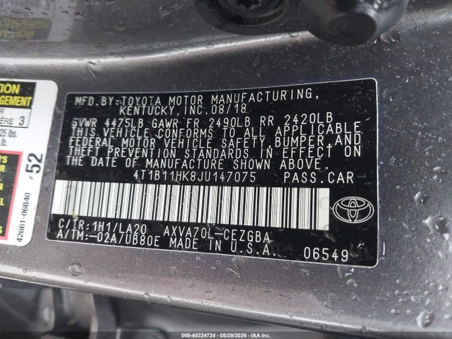 45224724 :رقم المزاد ، 4T1B11HK8JU147075 vin ، 2018 Toyota Camry Xle مزاد بيع