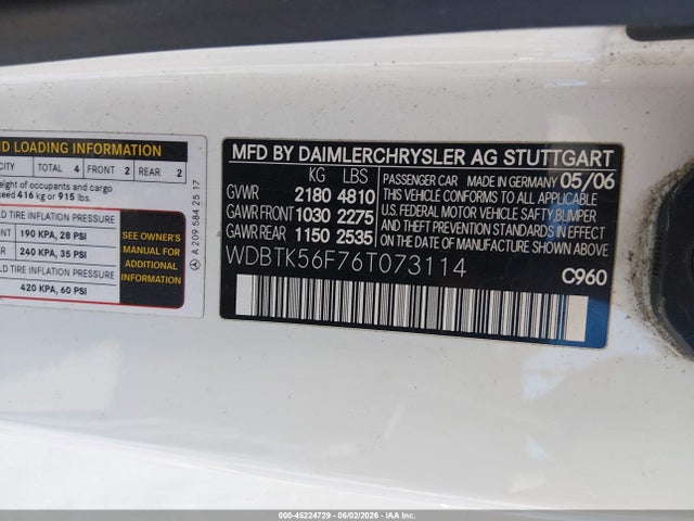 Auction sale of the 2006 Mercedes-benz Clk 350, vin: WDBTK56F76T073114, lot number: 45224729