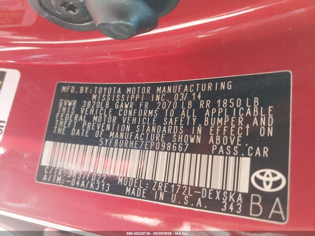 Продаж на аукціоні авто 2014 Toyota Corolla S Plus, vin: 5YFBURHE7EP098667, номер лоту: 45224736