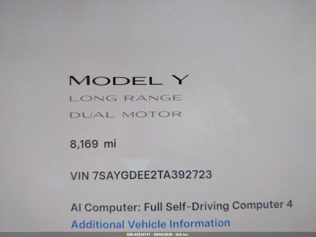 Продажа на аукционе авто 2026 Tesla Model Y All-wheel Drive/long Range Launch Series/premium All-wheel Drive, vin: 7SAYGDEE2TA392723, номер лота: 45224741
