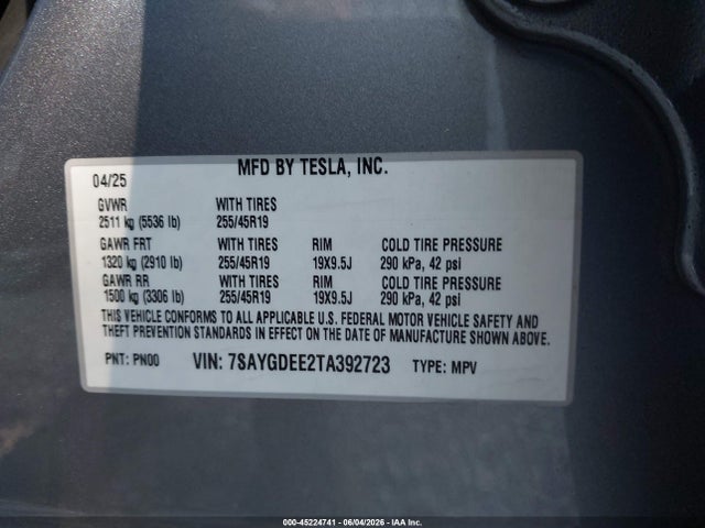Продажа на аукционе авто 2026 Tesla Model Y All-wheel Drive/long Range Launch Series/premium All-wheel Drive, vin: 7SAYGDEE2TA392723, номер лота: 45224741