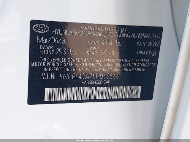 2020 Hyundai Sonata Sel მანქანა იყიდება აუქციონზე, vin: 5NPEL4JA7LH046864, აუქციონის ნომერი: 45224759