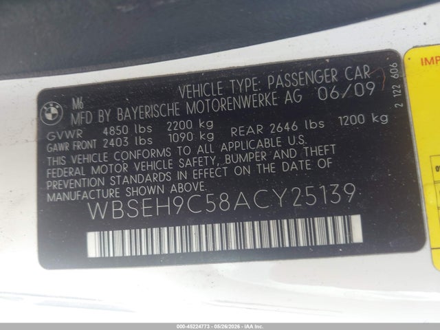 45224773 :رقم المزاد ، WBSEH9C58ACY25139 vin ، 2010 Bmw M6 مزاد بيع
