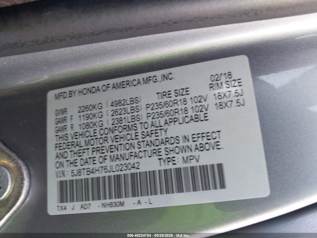 Aukcja sprzedaży 2018 Acura Rdx Advance Package, vin: 5J8TB4H76JL023042, numer aukcji: 45224784