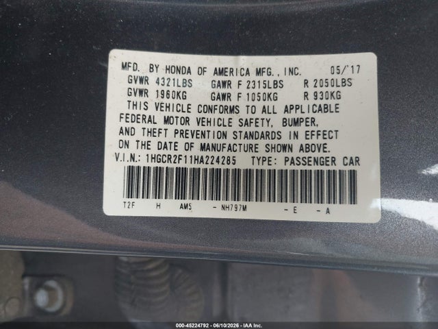 Продажа на аукционе авто 2017 Honda Accord Sport Se, vin: 1HGCR2F11HA224285, номер лота: 45224792