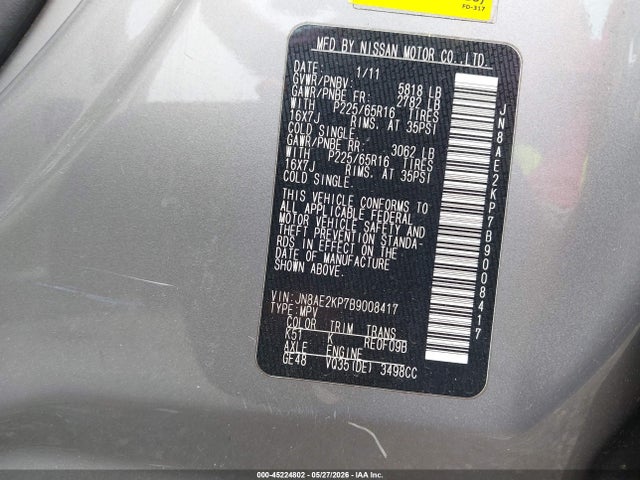 Aukcja sprzedaży 2011 Nissan Quest Sv, vin: JN8AE2KP7B9008417, numer aukcji: 45224802