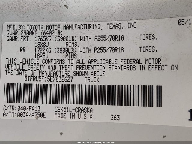 Aukcja sprzedaży 2014 Toyota Tundra Sr V6, vin: 5TFRU5F15EX032627, numer aukcji: 45224804