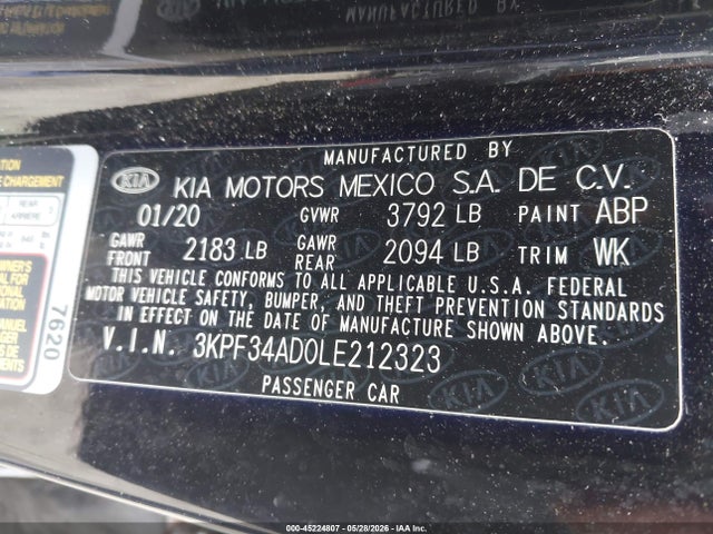 Aukcja sprzedaży 2020 Kia Forte Gt-line, vin: 3KPF34AD0LE212323, numer aukcji: 45224807