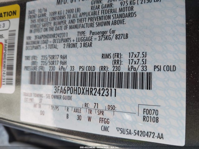 3FA6P0HDXHR242311 Ford FUSION SE