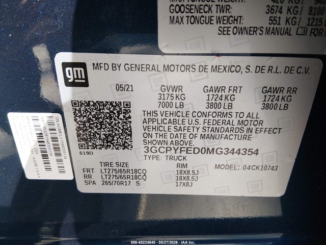 Продаж на аукціоні авто 2021 Chevrolet Silverado 1500 4wd  Standard Bed Lt Trail Boss, vin: 3GCPYFED0MG344354, номер лоту: 45224840