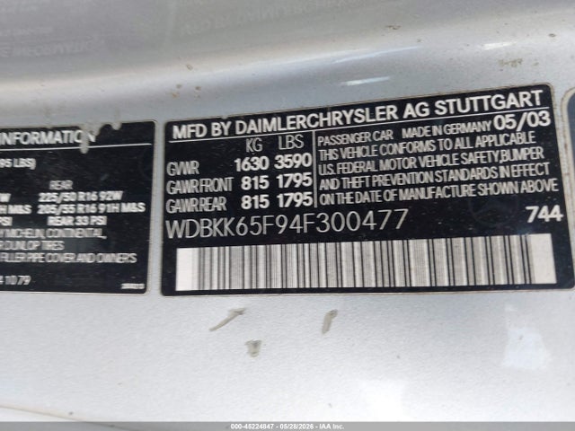 Aukcja sprzedaży 2004 Mercedes-benz Slk 320, vin: WDBKK65F94F300477, numer aukcji: 45224847