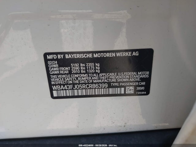 Aukcja sprzedaży 2024 Bmw 530i, vin: WBA43FJ05RCR86399, numer aukcji: 45224850