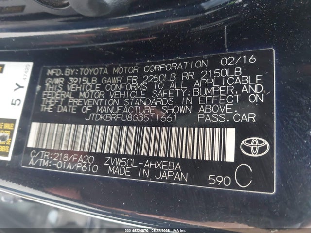 45224870 :رقم المزاد ، JTDKBRFU8G3511661 vin ، 2016 Toyota Prius Two مزاد بيع