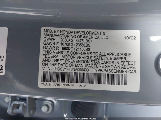 Продаж на аукціоні авто 2022 Honda Accord Sport Special Edition, vin: 1HGCV1F40NA090493, номер лоту: 45224884