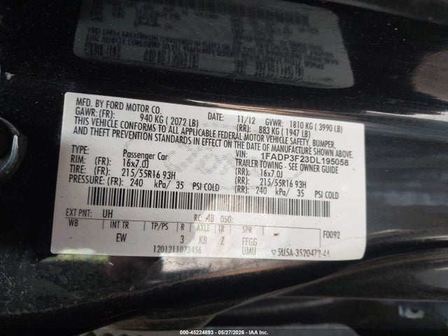 Auction sale of the 2013 Ford Focus Se, vin: 1FADP3F23DL195058, lot number: 45224893