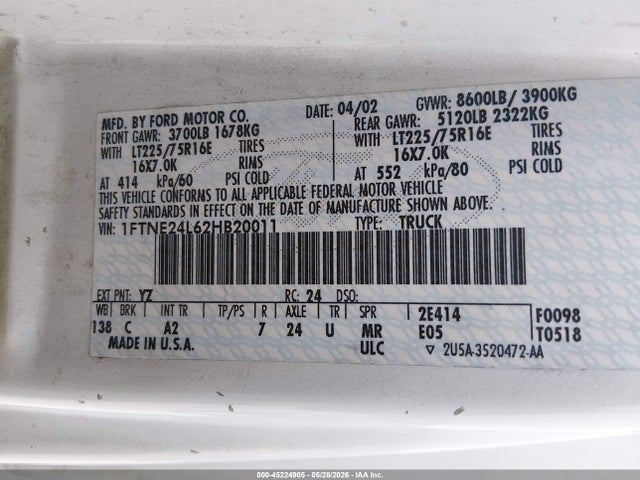 Продаж на аукціоні авто 2002 Ford E-250 Commercial/recreational, vin: 1FTNE24L62HB20011, номер лоту: 45224905