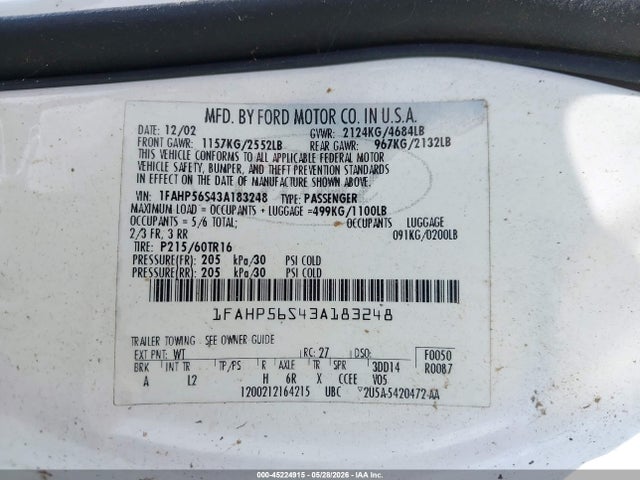 45224915 :رقم المزاد ، 1FAHP56S43A183248 vin ، 2003 Ford Taurus Sel مزاد بيع