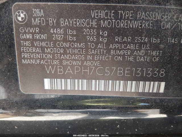 Aukcja sprzedaży 2011 Bmw 328i, vin: WBAPH7C57BE131338, numer aukcji: 45224922