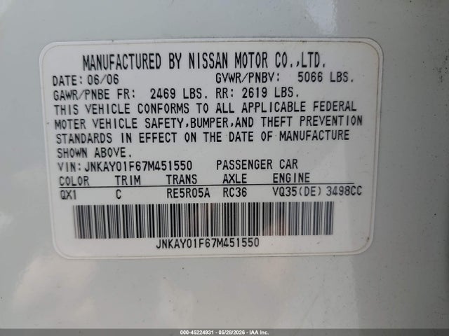 Aukcja sprzedaży 2007 Infiniti M35x, vin: JNKAY01F67M451550, numer aukcji: 45224931
