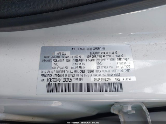 Aukcja sprzedaży 2021 Mazda Cx-5 Touring, vin: JM3KFBCMXM1390095, numer aukcji: 45224934