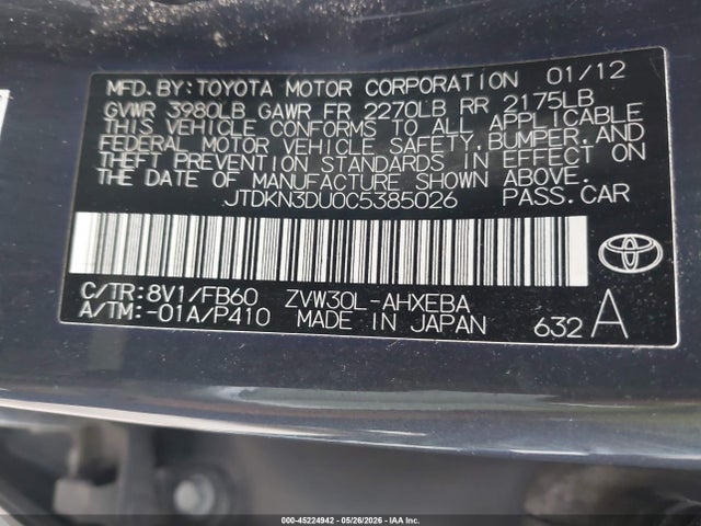 Aukcja sprzedaży 2012 Toyota Prius Two, vin: JTDKN3DU0C5385026, numer aukcji: 45224942